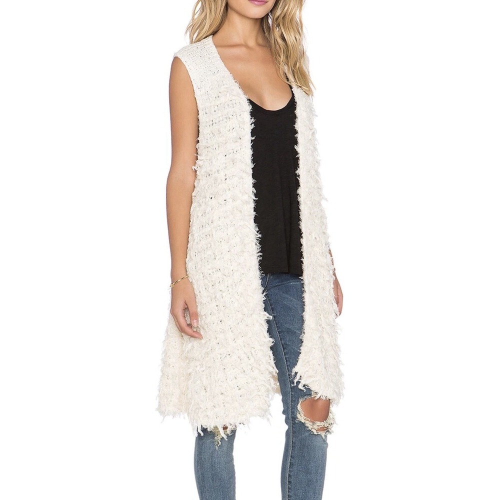 Free People Ivory Rolling Stone Furry Shaggy Long Sweater Vest S Boho Western